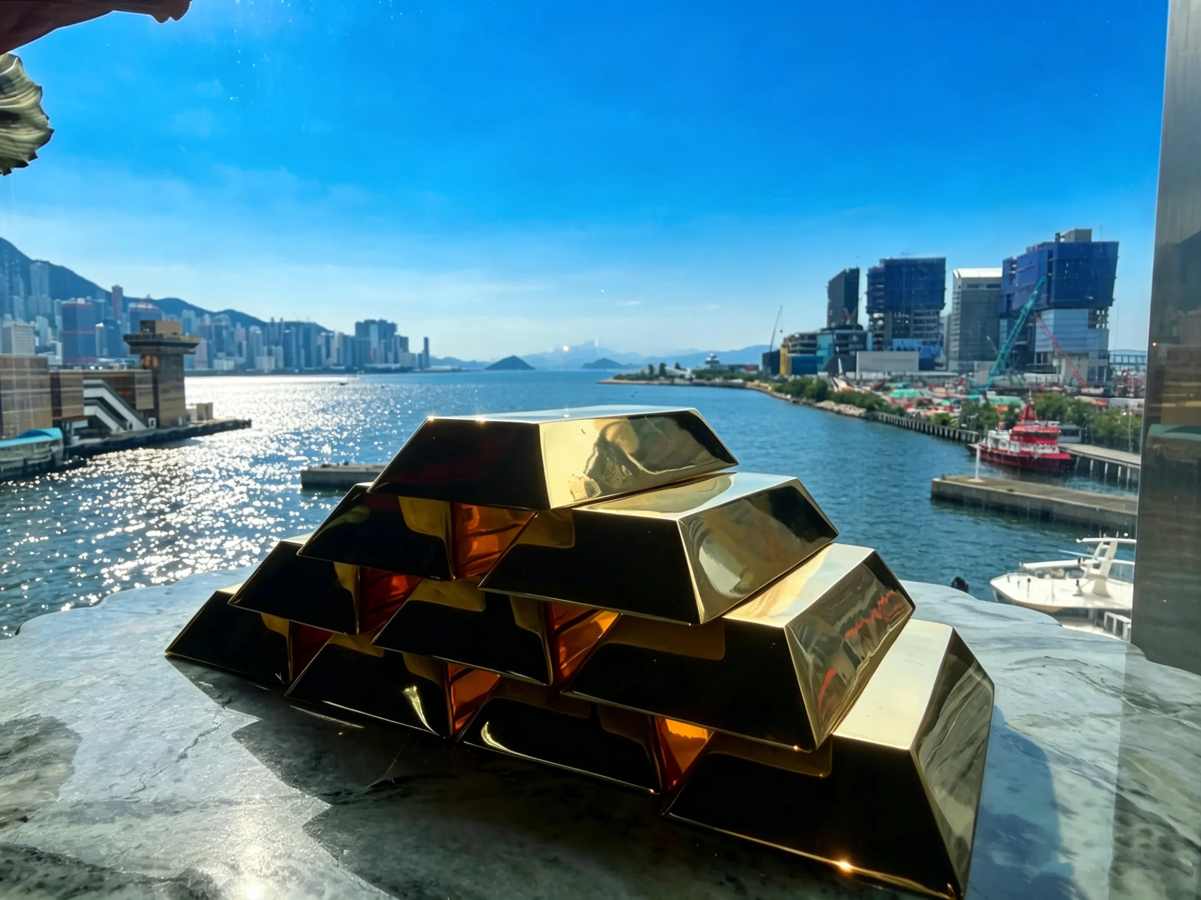 PASSTO BULLION gold bar exhibit staged against the Victoria Harbour view
